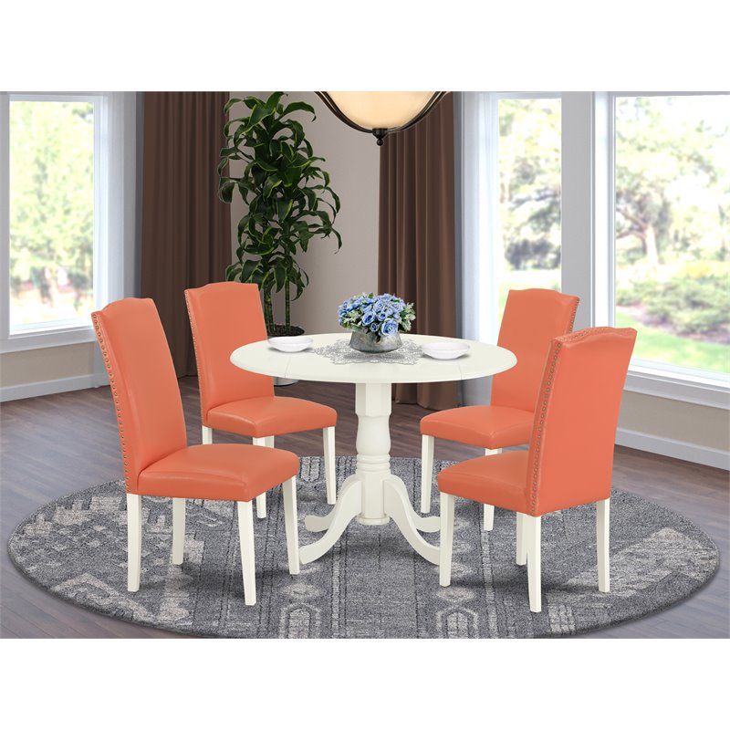 Pemberly Row 5-Piece Round Dining Set in Linen White and Pink Flamingo