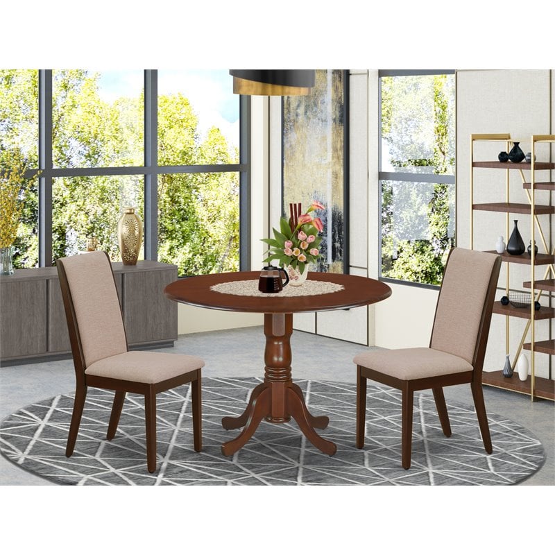 Pemberly Row 3-Piece Wood Dining Set in Mahogany with Light Tan Fabric