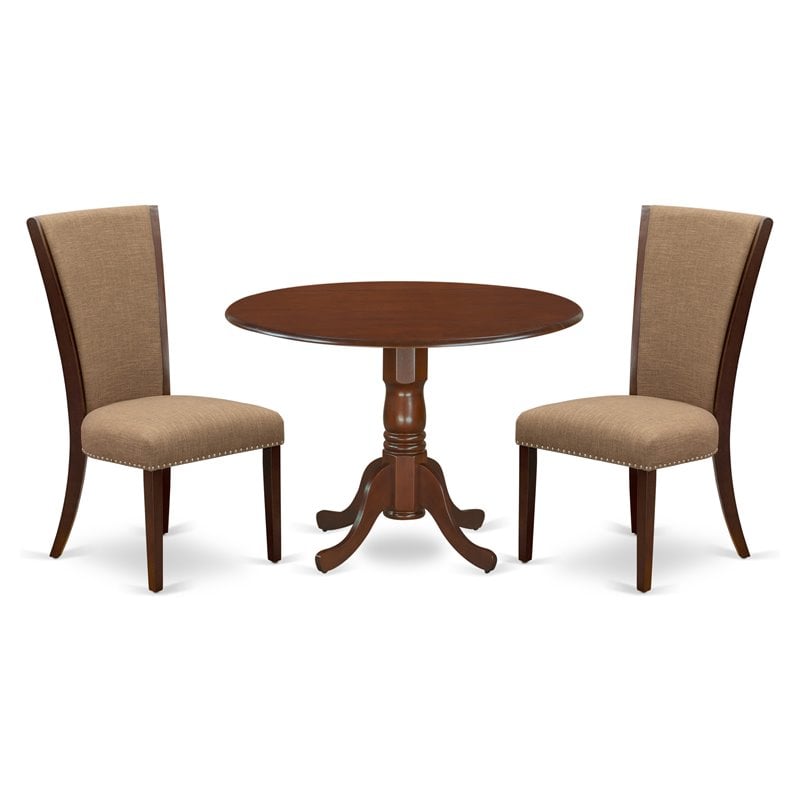 Pemberly Row 3-Piece Drop Leaf Dining Set in Mahogany with Fabric