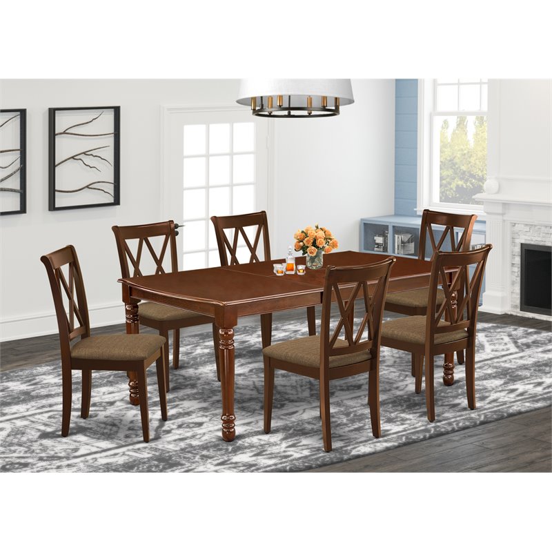 Pemberly Row 7-Piece Wood Dining Set with Linen Seats in Mahogany