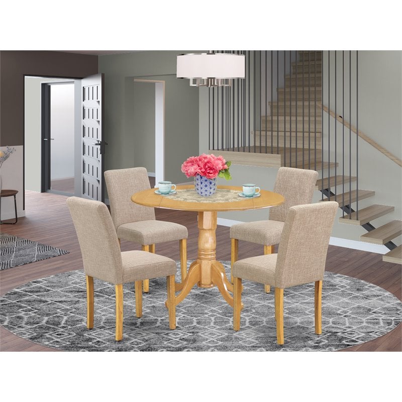Pemberly Row 5-Piece Round Dining Set in Oak Finish with Light Fawn Chairs