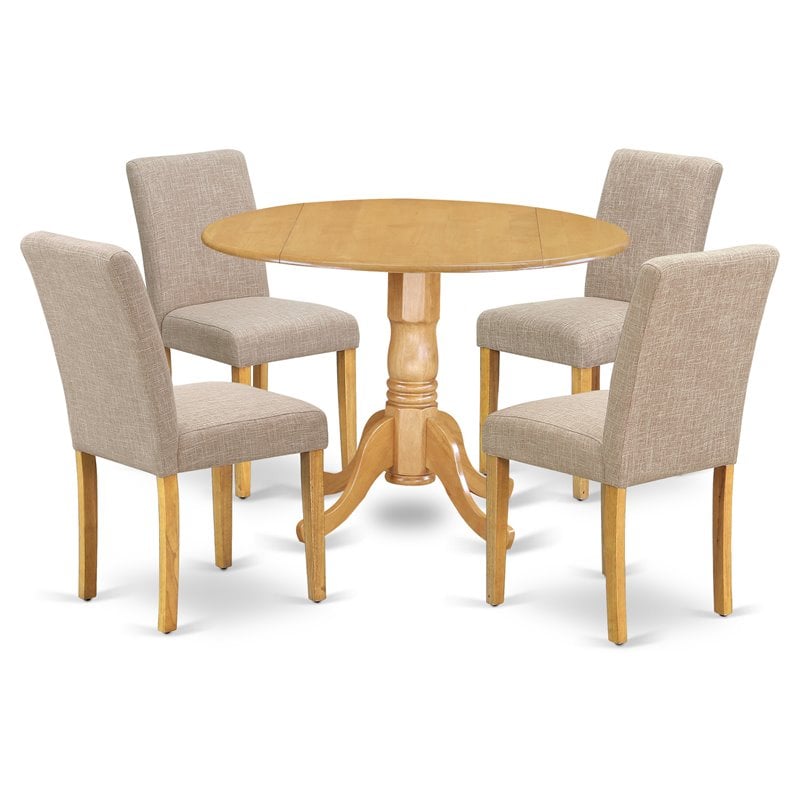 Pemberly Row 5-Piece Round Dining Set in Oak Finish with Light Fawn Chairs