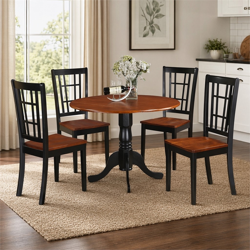 Pemberly Row 5-Piece Round Wood Dining Set in Black and Cherry Finish