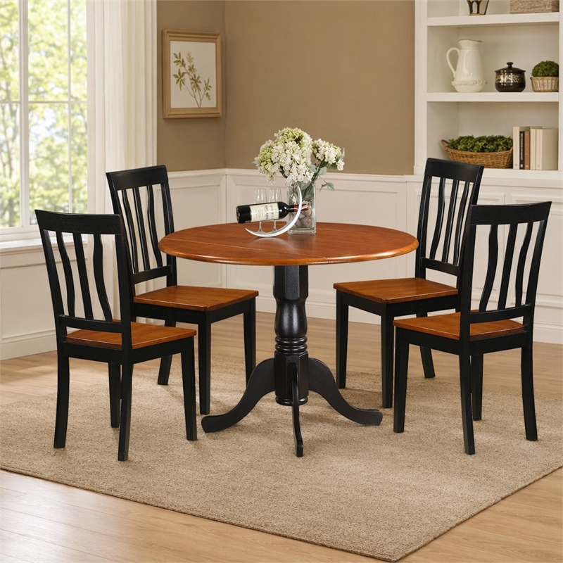Pemberly Row 5-Pc Dining Room Set with Wood Seats in Black/Cherry