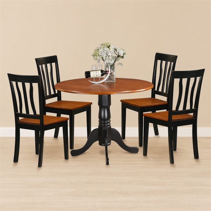 Pemberly Row 5-Pc Dining Room Set with Wood Seats in Black/Cherry