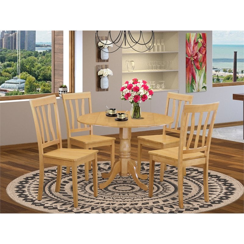 Pemberly Row 5-Piece Wood Dinette Table Set Oak Finish Round Pedestal Table