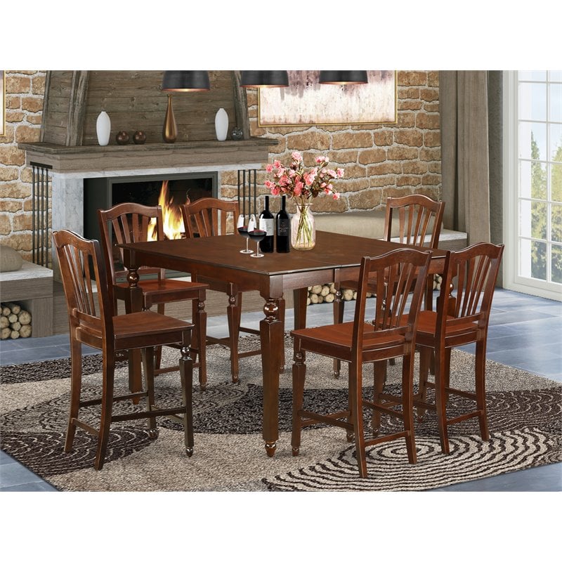 Pemberly Row 7-Piece Wood Mahogany Pub Dining Set with Slat Back Bar Stools