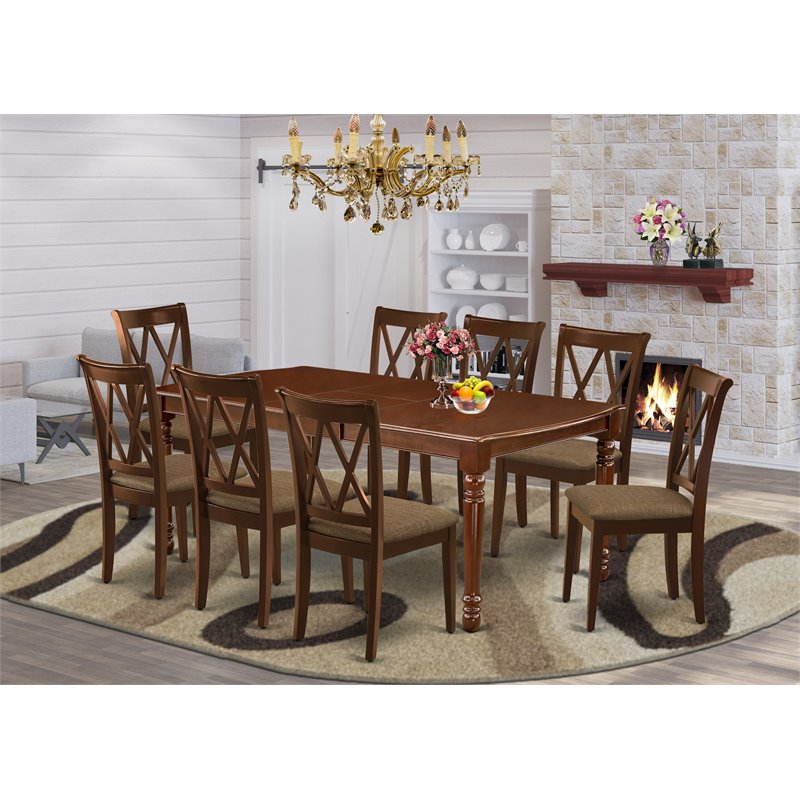Pemberly Row 9-Piece Wood Dining Set with Fabric Seat in Mahogany Finish