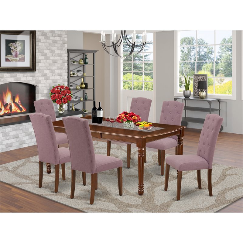 Pemberly Row 7-Piece Mahogany Dining Set with Dahlia Linen Chairs