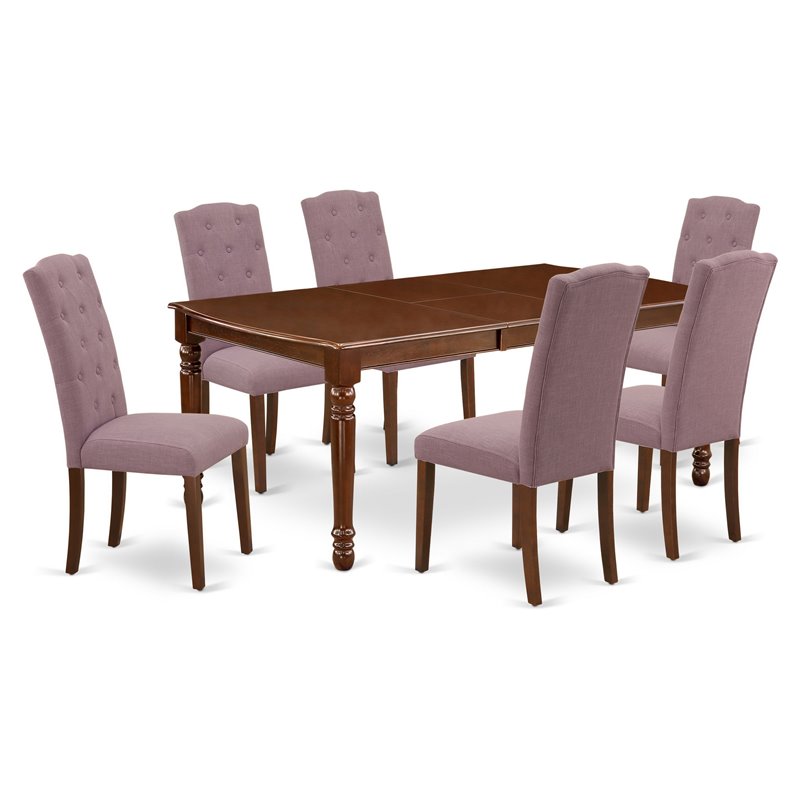 Pemberly Row 7-Piece Mahogany Dining Set with Dahlia Linen Chairs