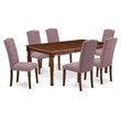 Pemberly Row 7-Piece Mahogany Dining Set with Dahlia Linen Chairs