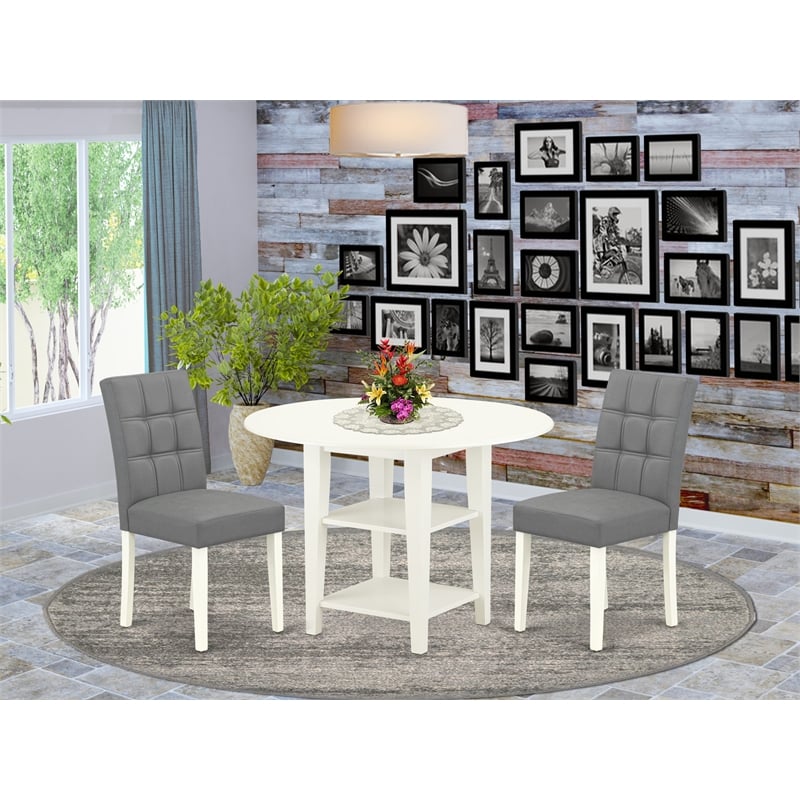 Pemberly Row Round Dining Table Set with Drop-Leaf Linen White/Platinum Gray
