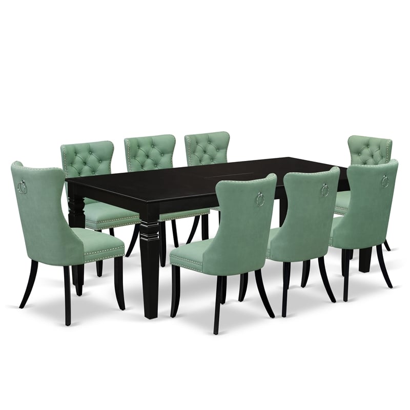 Pemberly Row 9-Piece Dining Set with Rubberwood Table and Green Chairs