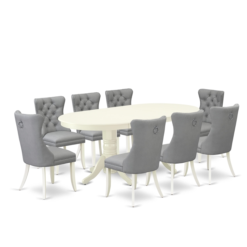 Pemberly Row 9-Piece Oval Dining Table Set in White/Gray Upholstery