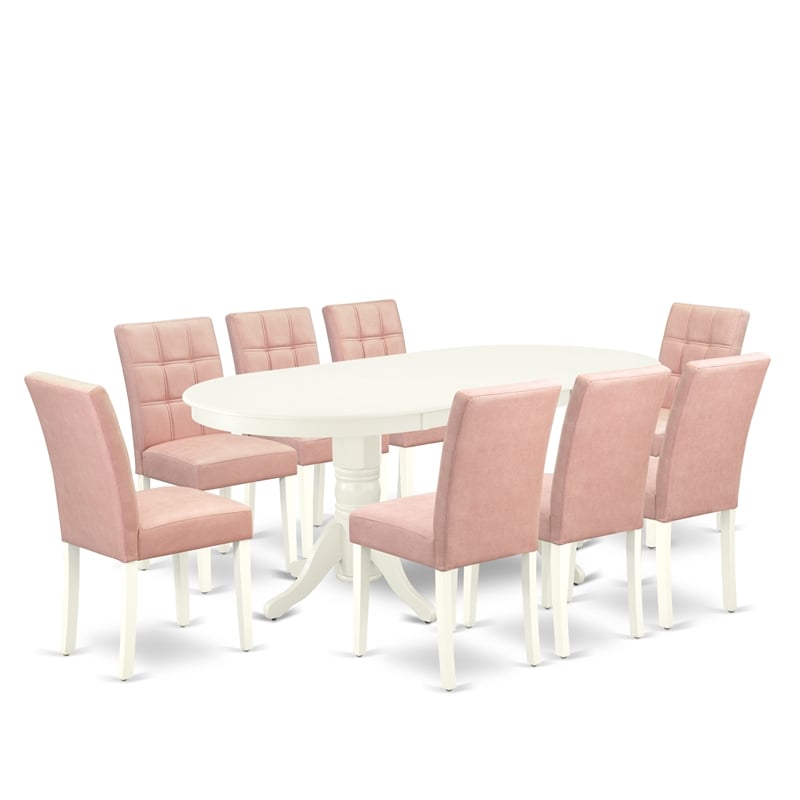 Pemberly Row 9-Piece Oval Dining Set with Drop Leaf in Linen White & Beige Red