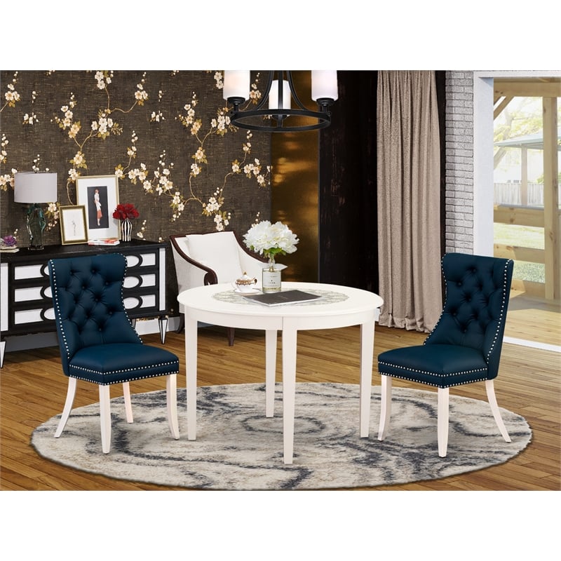 Pemberly Row 3-Piece Dining Set with Faux Leather in White/Navy Blue