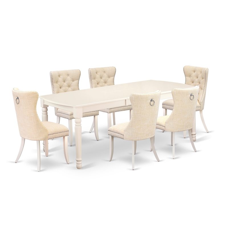 Pemberly Row 7-Piece Dining Set Rubber Wood Light Beige Linen Upholstery