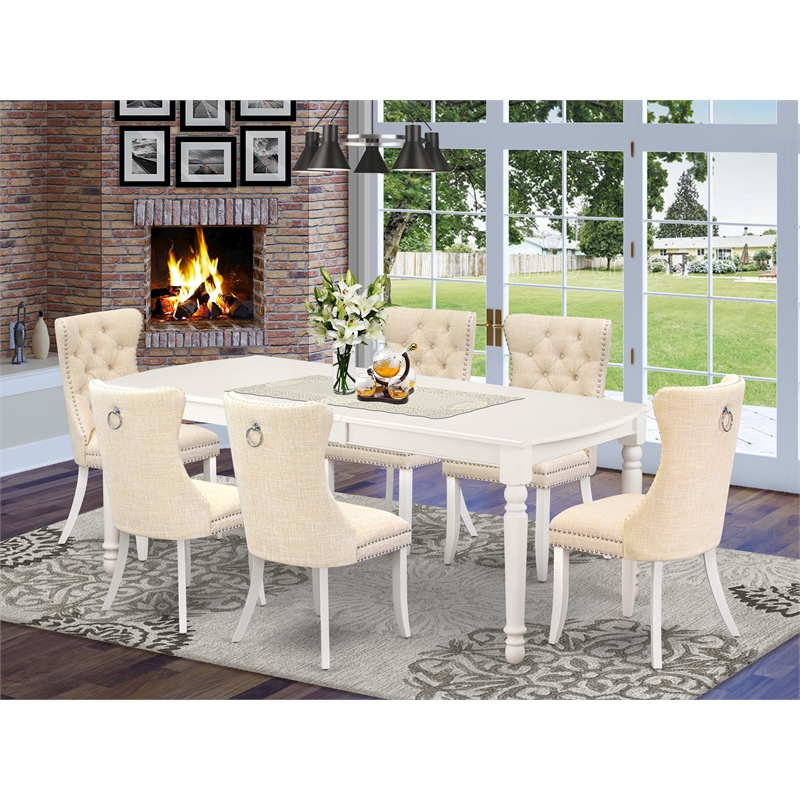 Pemberly Row 7-Piece Dining Set Rubber Wood Light Beige Linen Upholstery