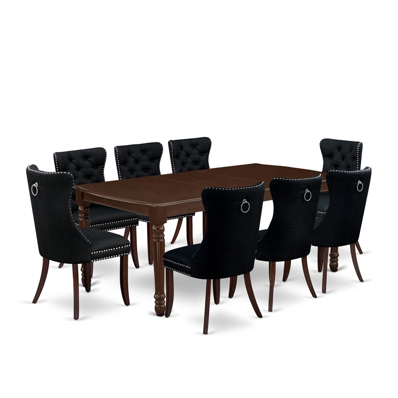 Pemberly Row 9-Piece Dining Set with Mahogany Table and Black Linen Chairs