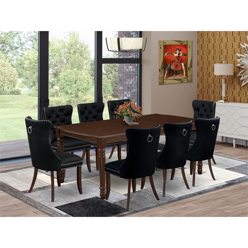 Pemberly Row 9-Piece Dining Set with Mahogany Table and Black Linen Chairs