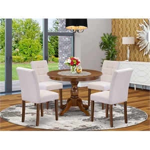 Pemberly Row 5-Pc Dining Table Set in Antique Walnut/Mist Beige Linen