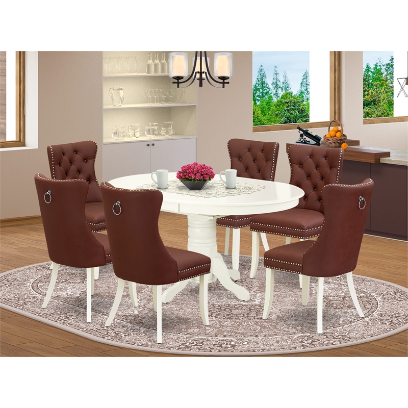 Pemberly Row 7-Piece Oval Dining Table Set Rubberwood Burgundy Linen White