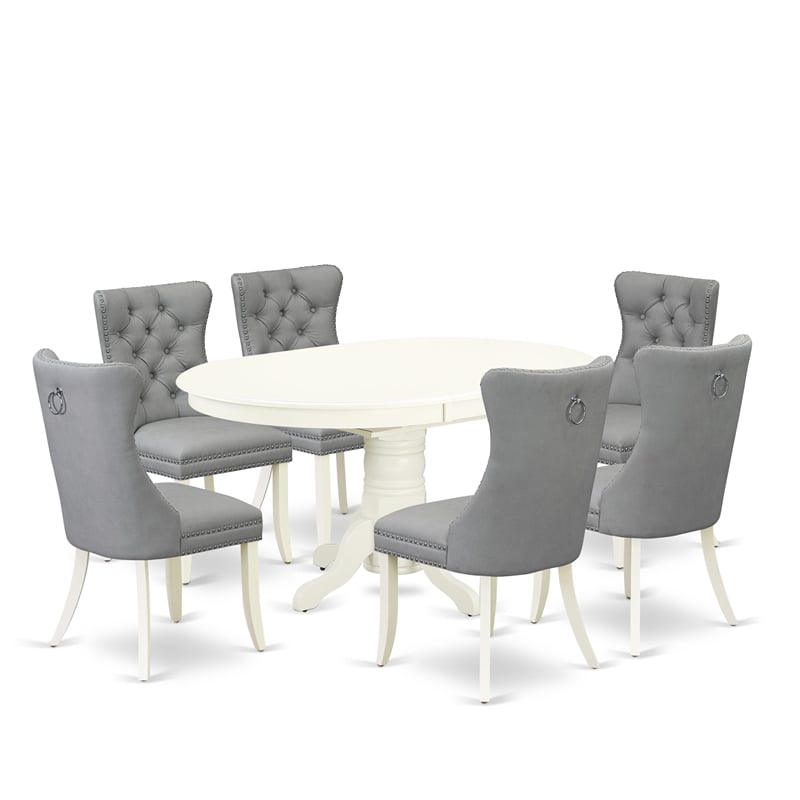 Pemberly Row 7-Piece Oval Dining Table Set Rubberwood Light Gray Linen White