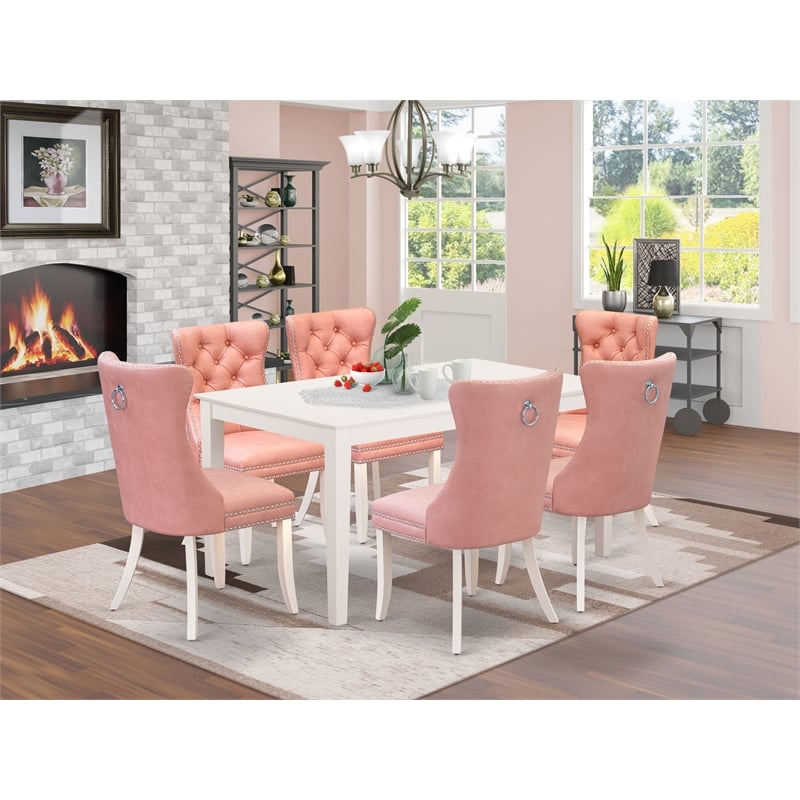Pemberly Row 7-Piece Dining Room Set in Linen White with Beige Red Chairs