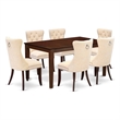 Pemberly Row 7-Piece Dining Room Set in Mahogany with Light Beige Linen Chairs