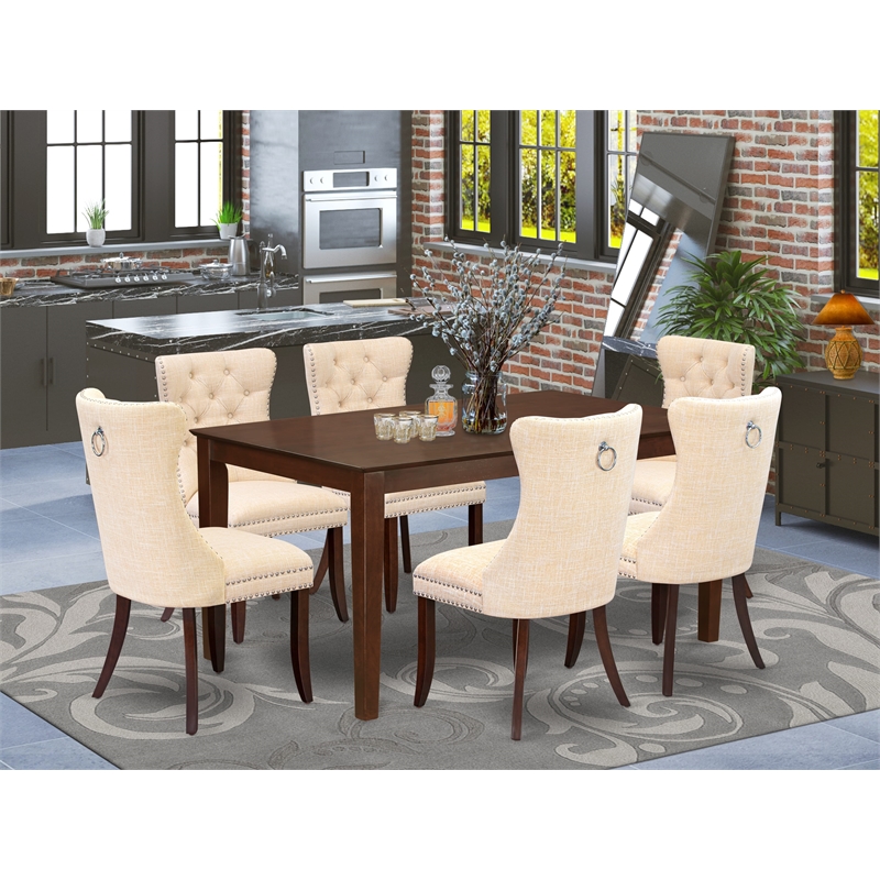 Pemberly Row 7-Piece Dining Room Set in Mahogany with Light Beige Linen Chairs