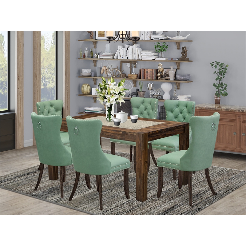 Pemberly Row 7-Piece Dining Table Set with Tufted Willow Green Chairs