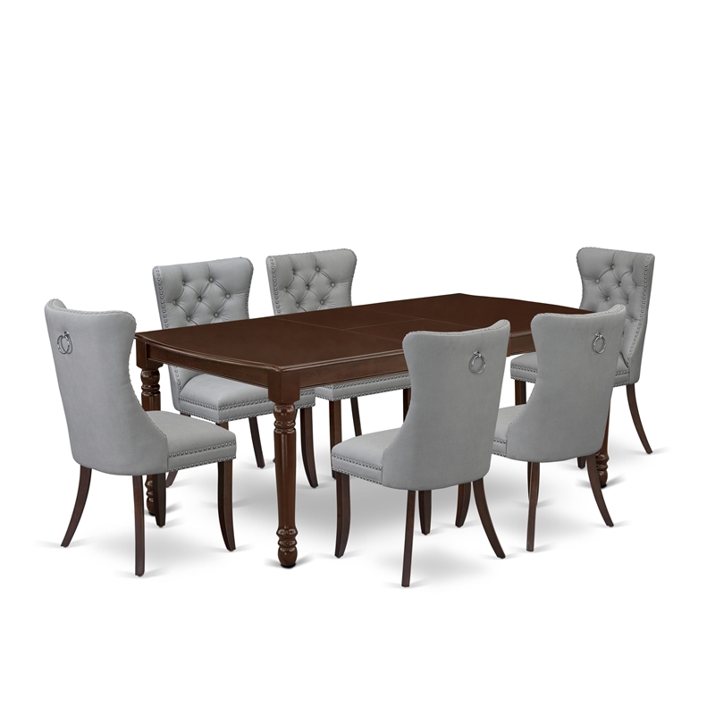 Pemberly Row 7-Piece Dining Set in Mahogany Wood with Light Gray Upholstery