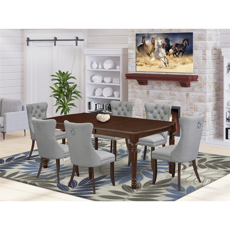 Pemberly Row 7-Piece Dining Set in Mahogany Wood with Light Gray Upholstery