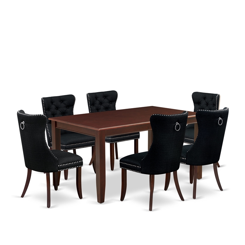 Pemberly Row 7-Piece Kitchen Table Set with Black Linen Chairs in Mahogany
