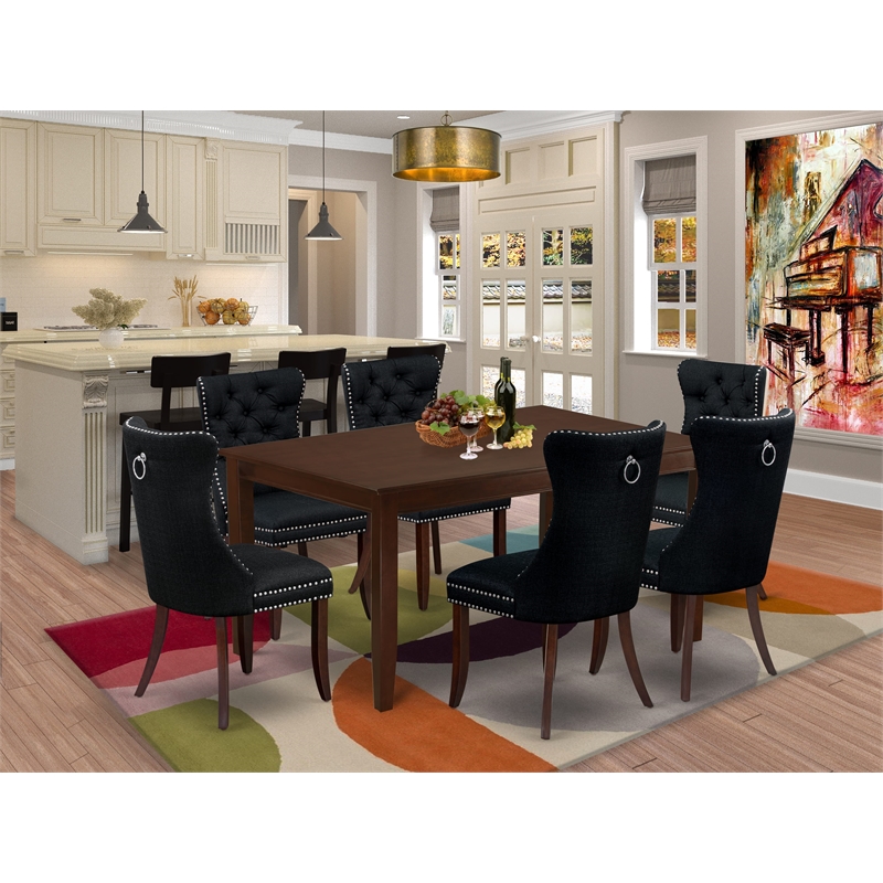 Pemberly Row 7-Piece Kitchen Table Set with Black Linen Chairs in Mahogany