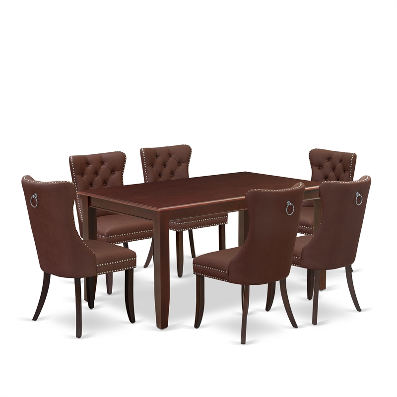 Pemberly Row 7-Piece Dinette Set with Faux Leather Burgundy Chairs in Mahogany