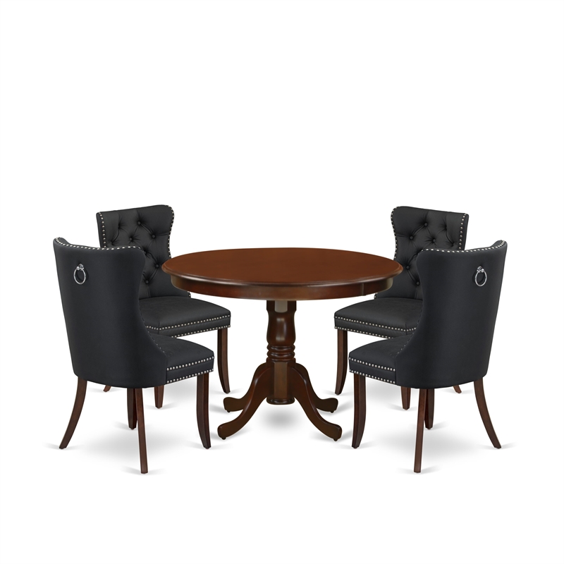 Pemberly Row 5-Piece Mahogany Dining Set with Dark Gray Tufted Chairs