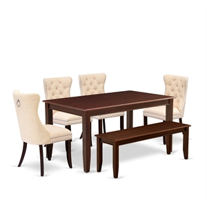 Pemberly Row 6-Piece Dining Set in Mahogany Finish with Linen Beige Seats