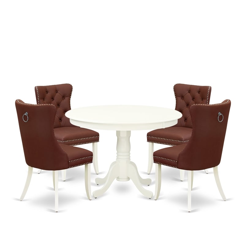 Pemberly Row 5-Piece Dining Set with Pedestal Table and Burgundy Chairs
