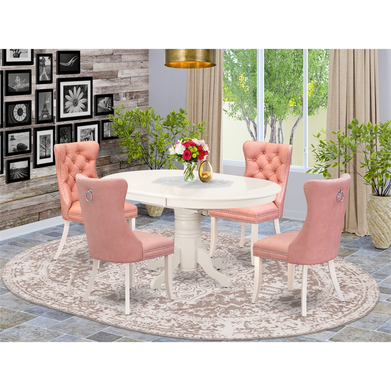 Pemberly Row 5-Piece Oval Dining Set with Parson Chairs Linen White Beige Red