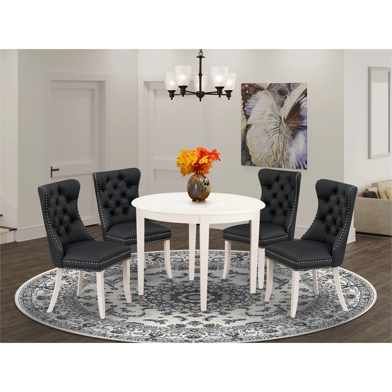 Pemberly Row 5-Piece Dining Table Set with Faux Leather Chairs in Linen White