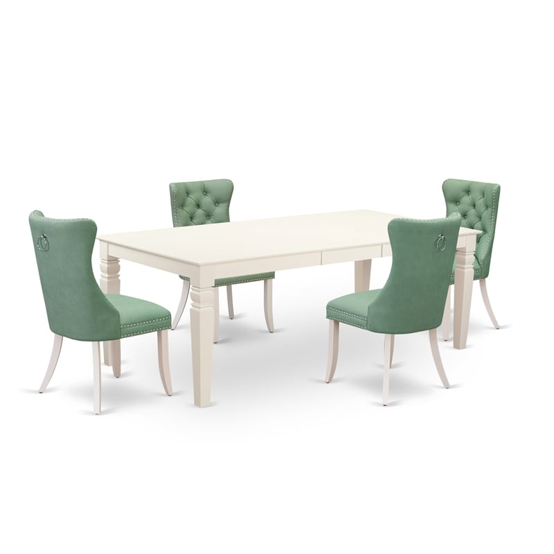 Pemberly Row 5-Piece White Dining Set with Green Faux Leather and Rubber Wood