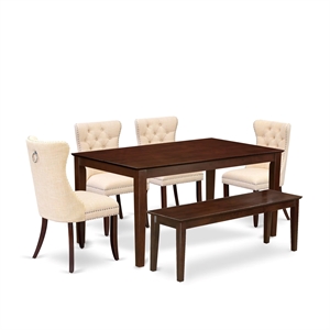 Pemberly Row 6-Piece Kitchen Table Set with Linen Fabric in Mahogany