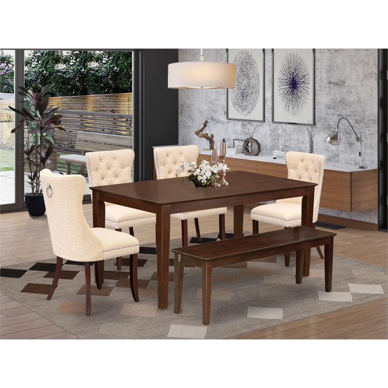 Pemberly Row 6-Piece Kitchen Table Set with Linen Fabric in Mahogany