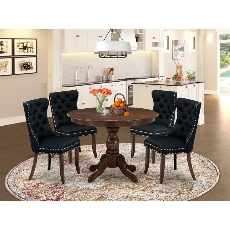 Pemberly Row 5-Piece Round Dining Set in Antique Walnut and Black
