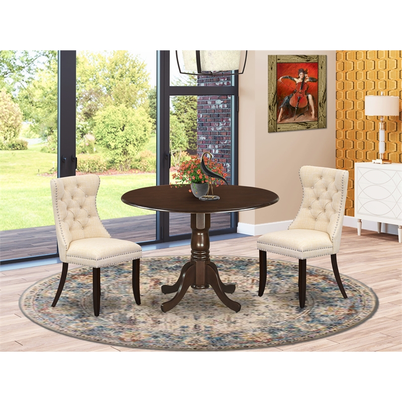 Pemberly Row 3-Piece Dining Table Set with Dropleaf in Mahogany/Light Beige