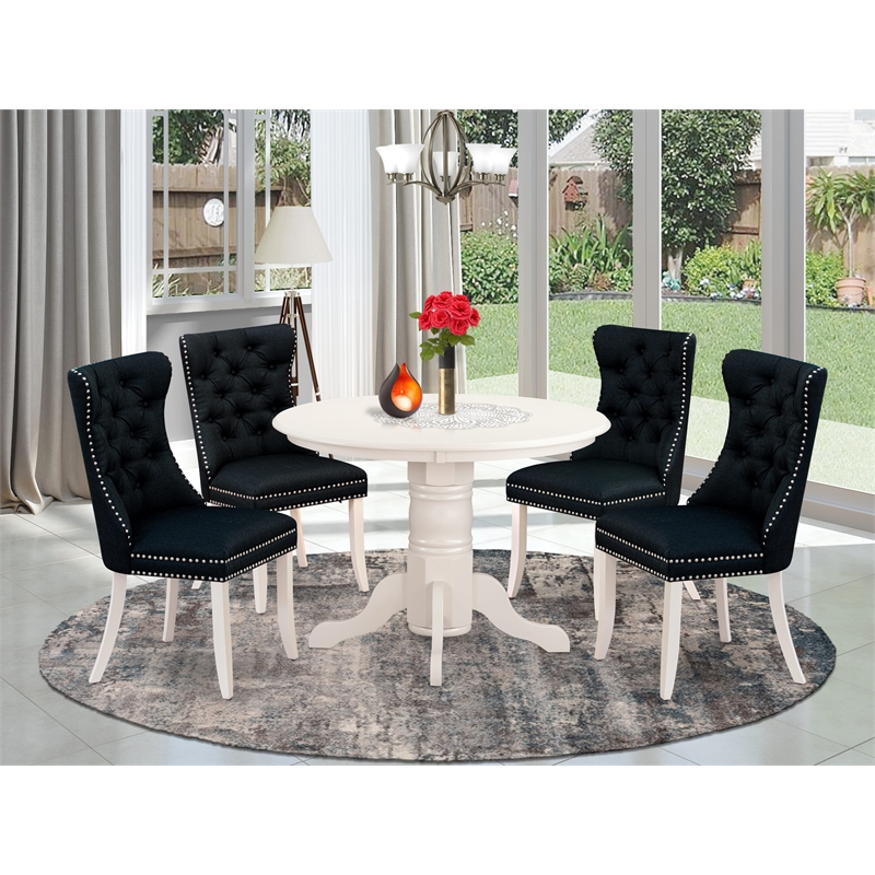 Pemberly Row 5-Piece Rubber Wood Dining Table Set Black Linen Fabric