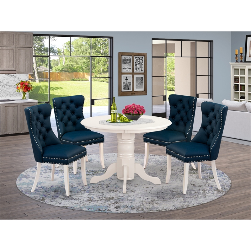 Pemberly Row 5-Piece Rubber Wood Dining Set Navy Blue Faux Leather