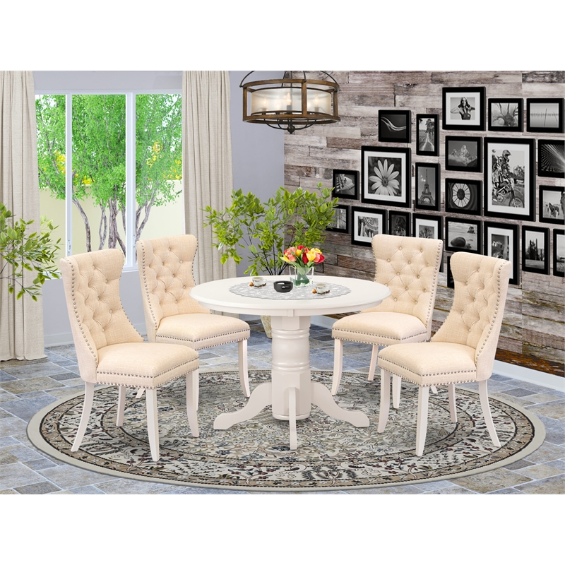 Pemberly Row 5-Piece Dining Set with Linen Upholstered Chairs in White/Beige