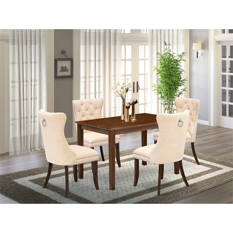 Pemberly Row 5-Piece Walnut Dining Set with Beige Linen Upholstered Chairs